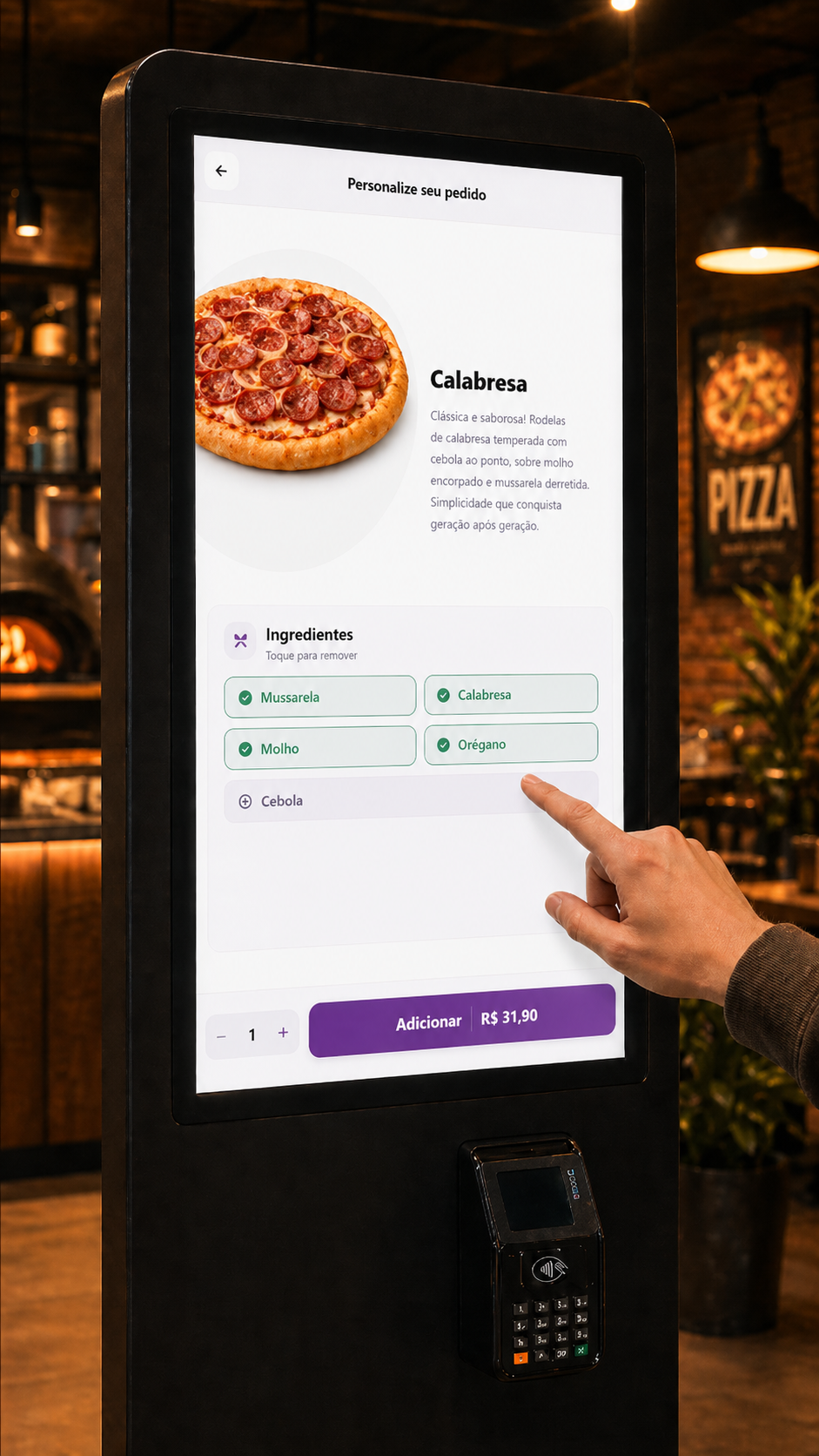 Personalização de ingredientes da pizza no totem BoxEats