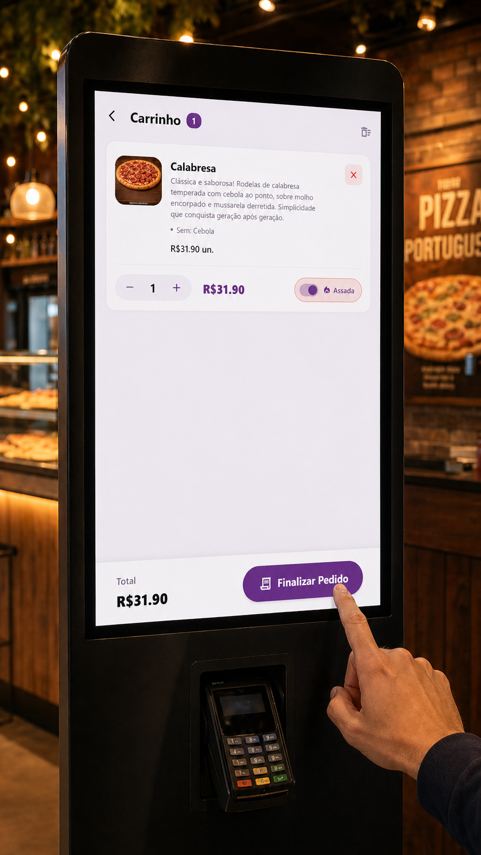 Tela de quantidade e carrinho do totem BoxEats com resumo do pedido