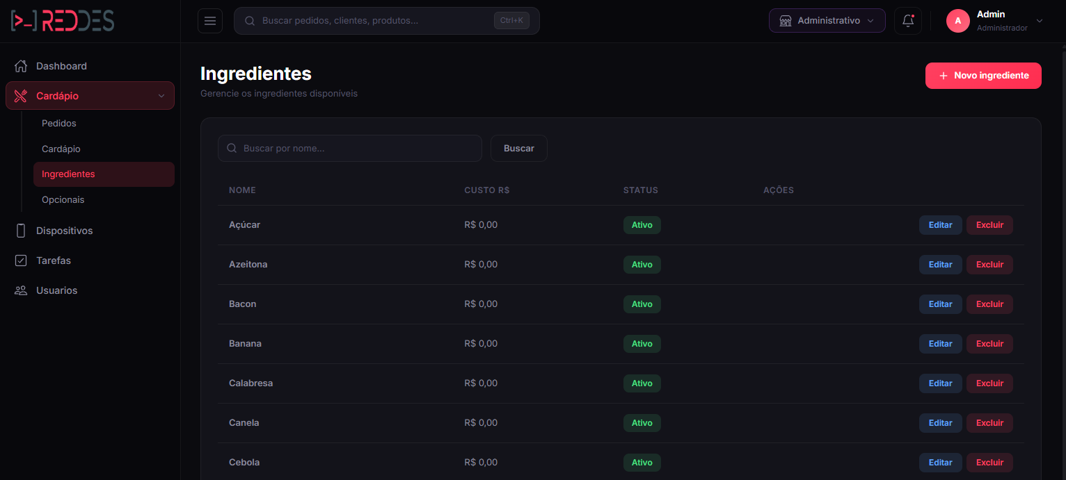 Tela da área de ingredientes do BoxEats